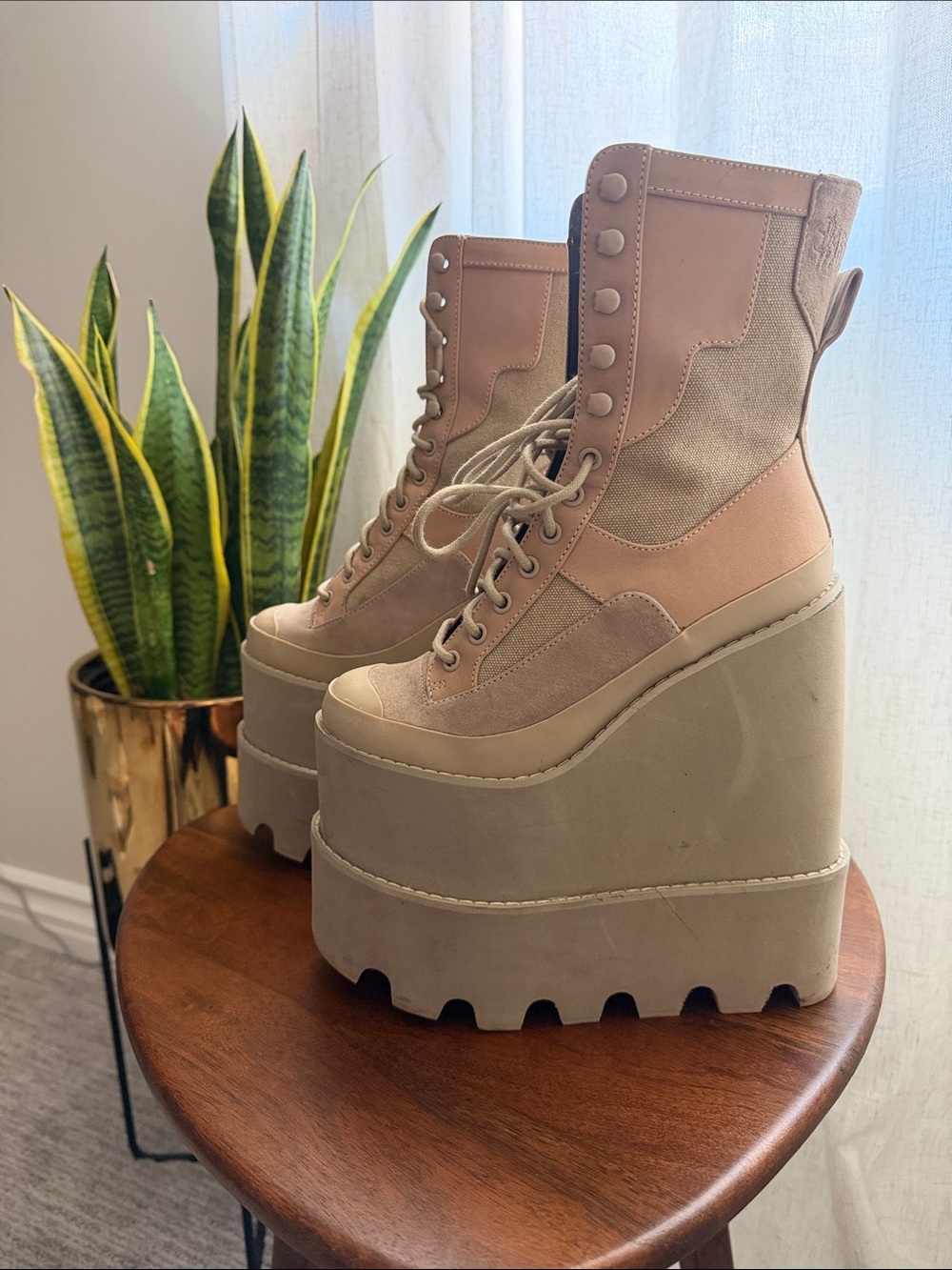 Dolls Kill Beige Multi-Panel Platform Combat Boots - Worn Once